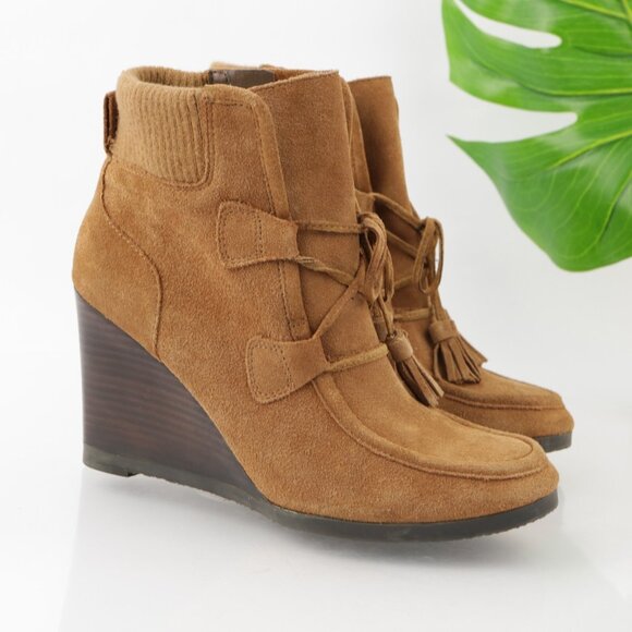 Franco Sarto Womens Westerly Boot Size 9.5 Camel Tan Suede Wedge Lace Up Booties - Picture 1 of 12